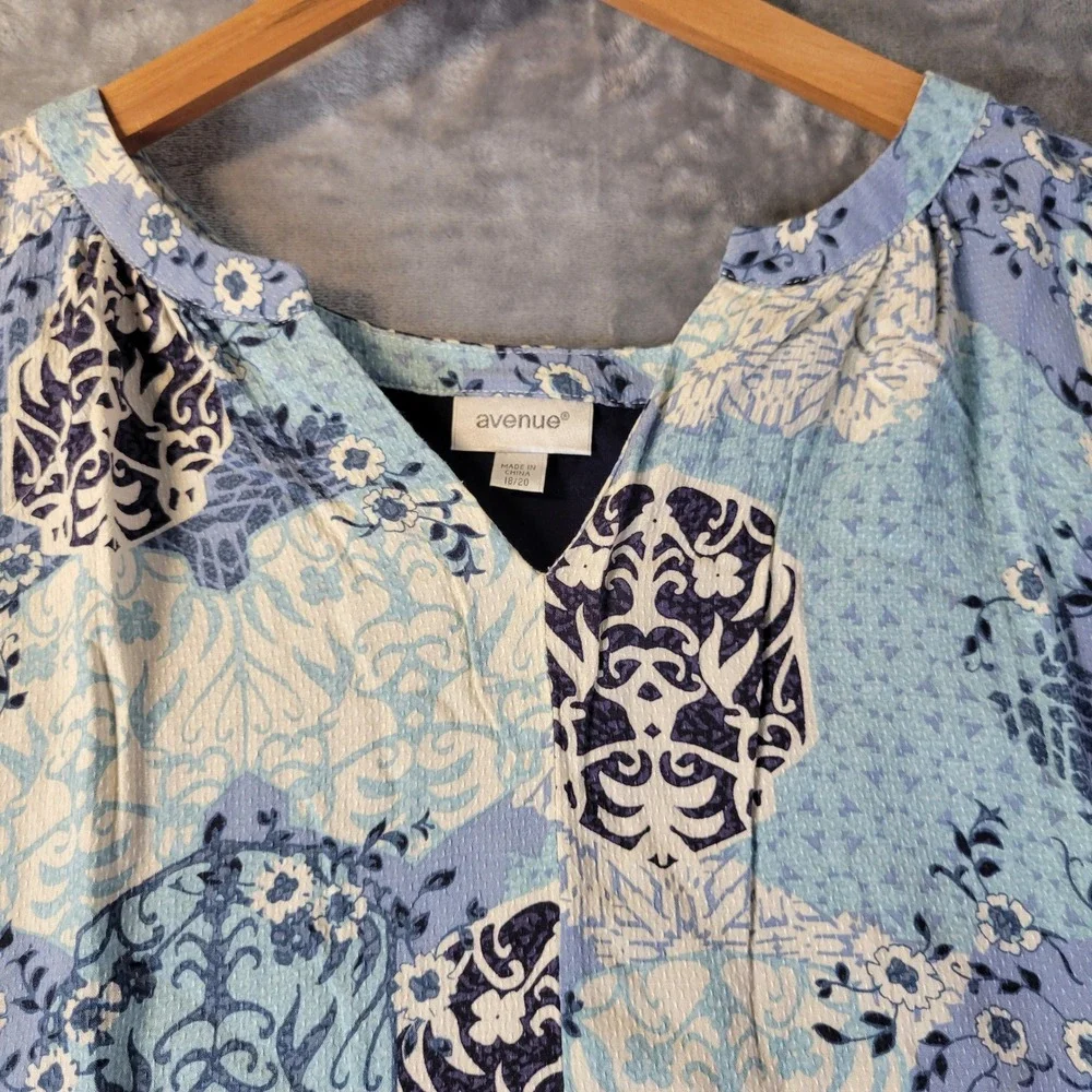 Avenue Womens Blue Patchwork Mixed Media Top‎ 18 20 Short Sleeve Boho Casual - Picture 7 of 10